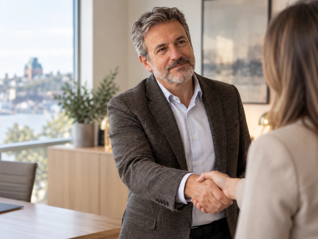 Le recruteur qui dirige Grangers Recrutement serre la main d'une cliente